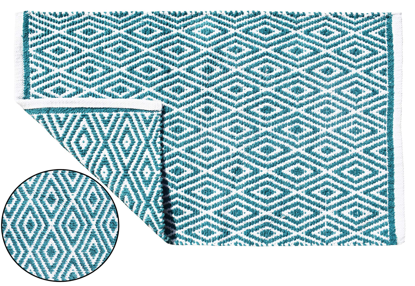 Ramanta Home 100% Cotton Diamond Handwoven Reversible Rug 21x34 Inch– Teal| Soft Washable Area Rug for Bathroom, Kitchen, Bedroom, Entryway | Durable Lightweight Handmade Accent Floor Mat | Boho Décor