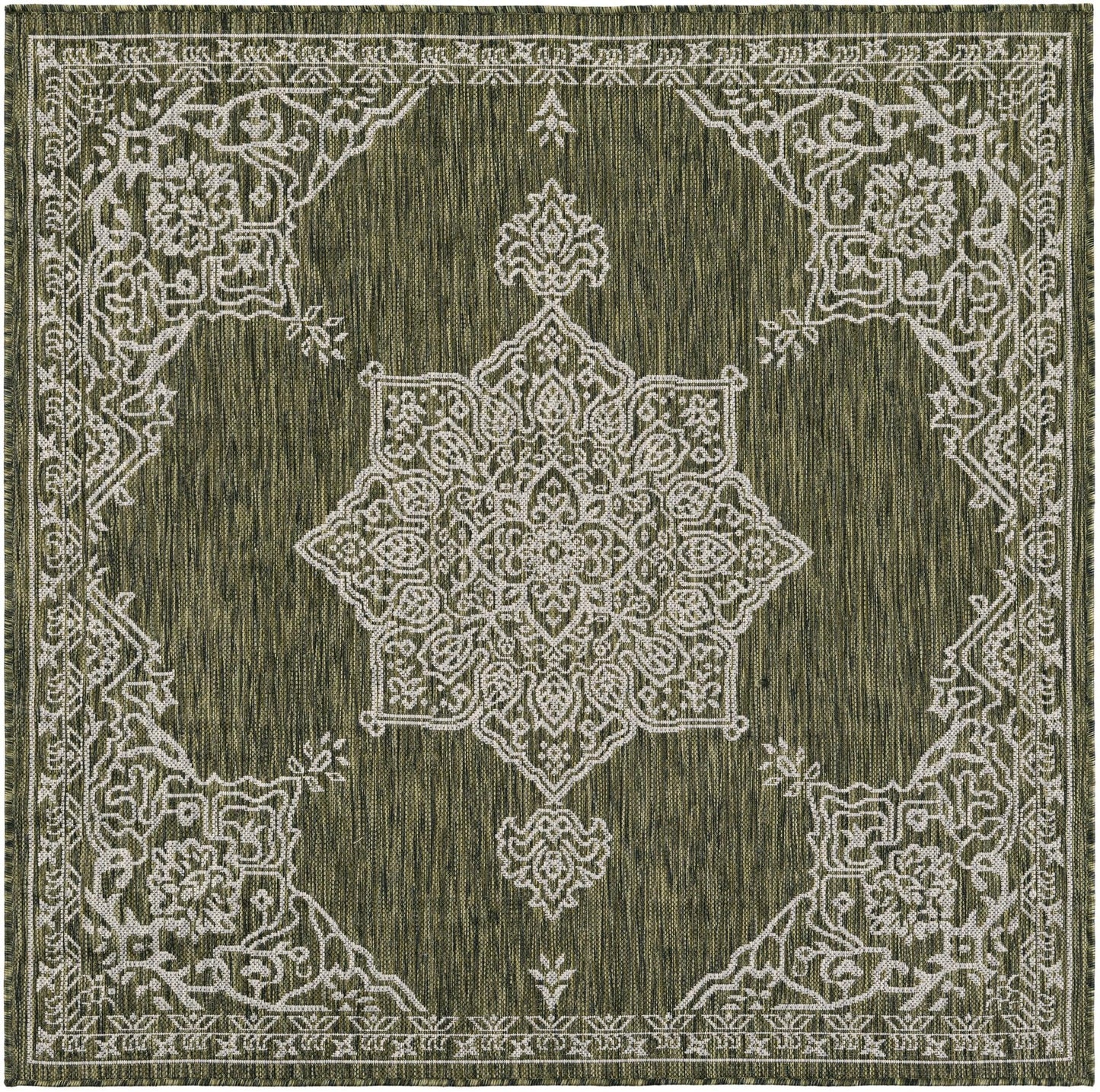 Unique Loom Outdoor Traditional Collection Area Rug - Antique (5' 3" Square Green/Ivory)