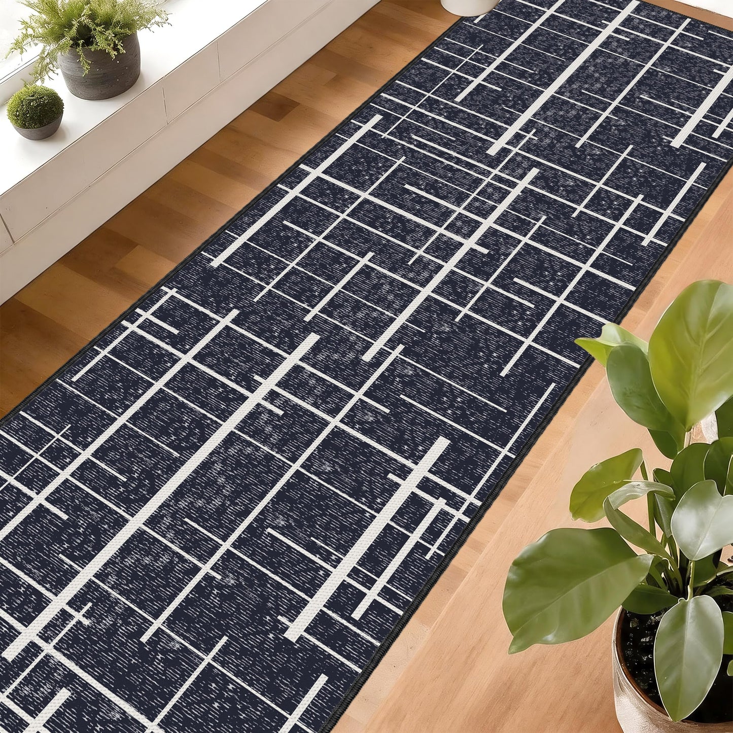 TTelephant Modern Stripe Hallway Runner Rug Non Slip, Washable 2x10 Runner Rug, Woven Thin Low Pile Carpet Runners for Hallway 10ft Entryway, Kitchen, Walkway -Midnight Black