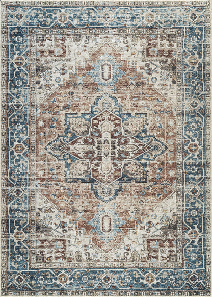 Bloom Rugs Caria Washable Non-Slip 4x6 Rug - Terracotta/Blue Traditional Area Rug for Living Room, Bedroom, Dining Room, and Kitchen - Exact Size: 4' x 6'