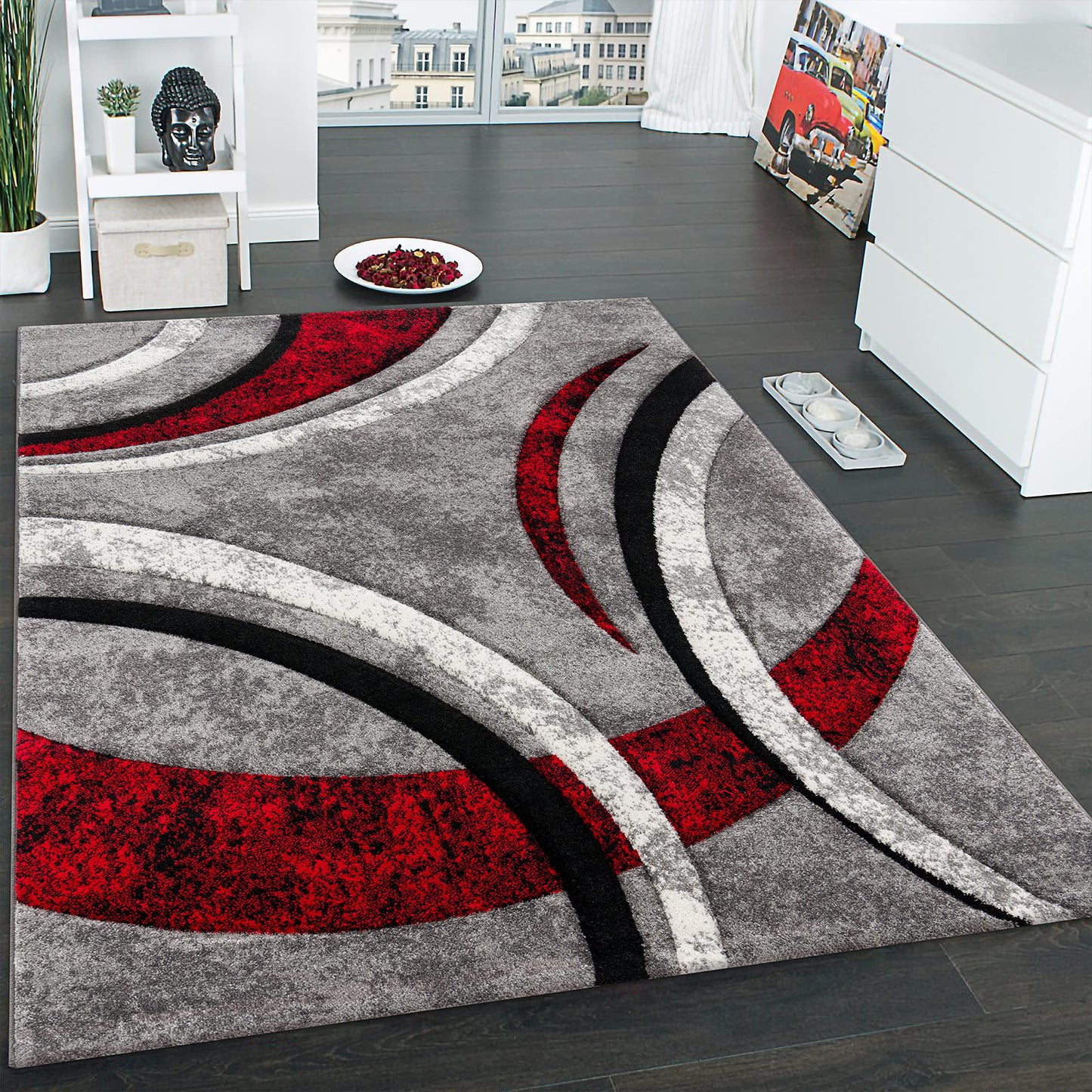 Paco Home Designer Rug with Contour Cut Striped Model in Grey Black and Red Mixture, Size: 5'3'' x 7'7''