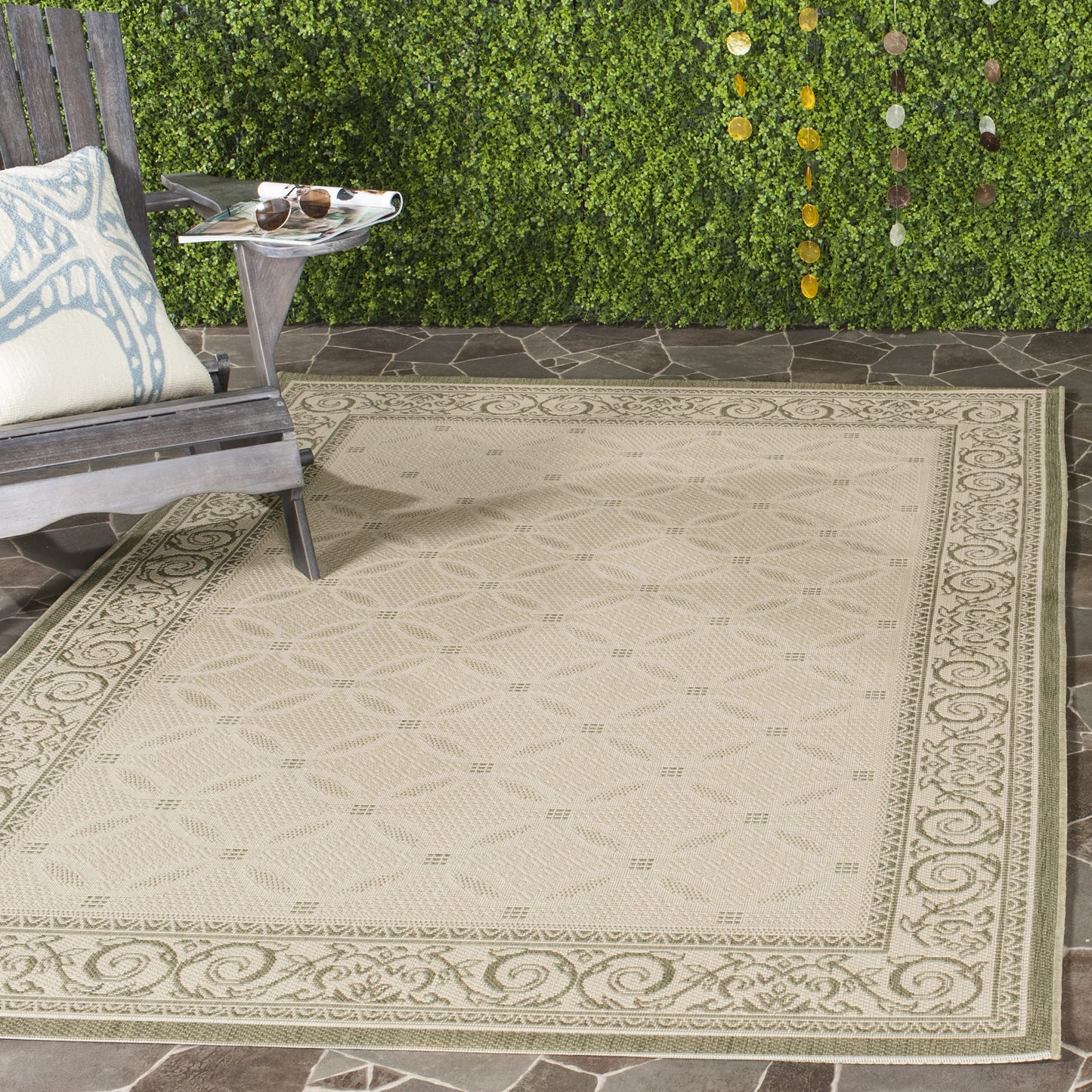 SAFAVIEH Washable Rug Outdoor Courtyard Collection - 4' x 5'7", Natural & Olive, Non-Shedding & Easy Cleaning, Ideal for Patio, Backyard, Mudroom (CY1502-1E01)