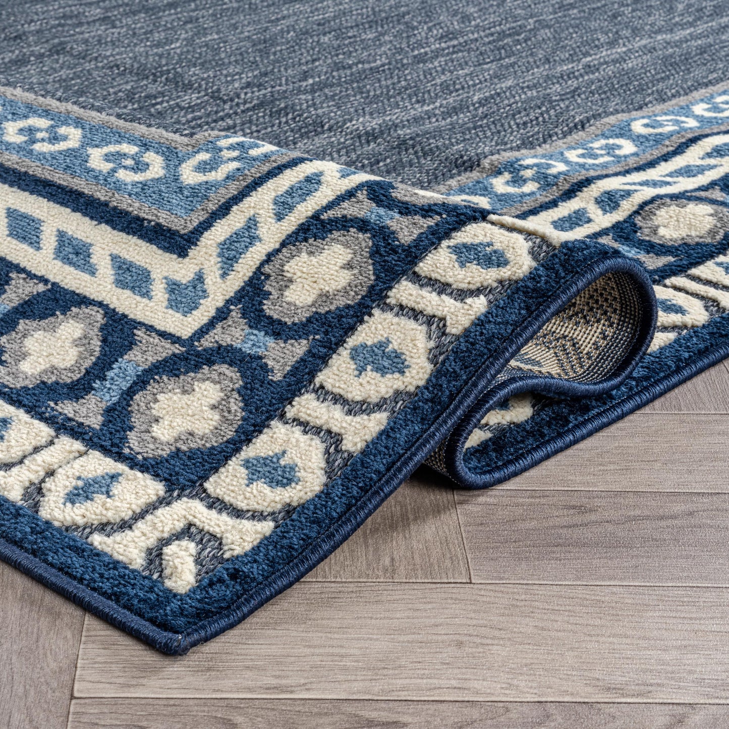 Rugshop Indoor/Outdoor High-Low Textured Area Rug, Coastal Border, Easy-Clean Patio Rug for Porch Deck Balcony 4' x 6' Navy