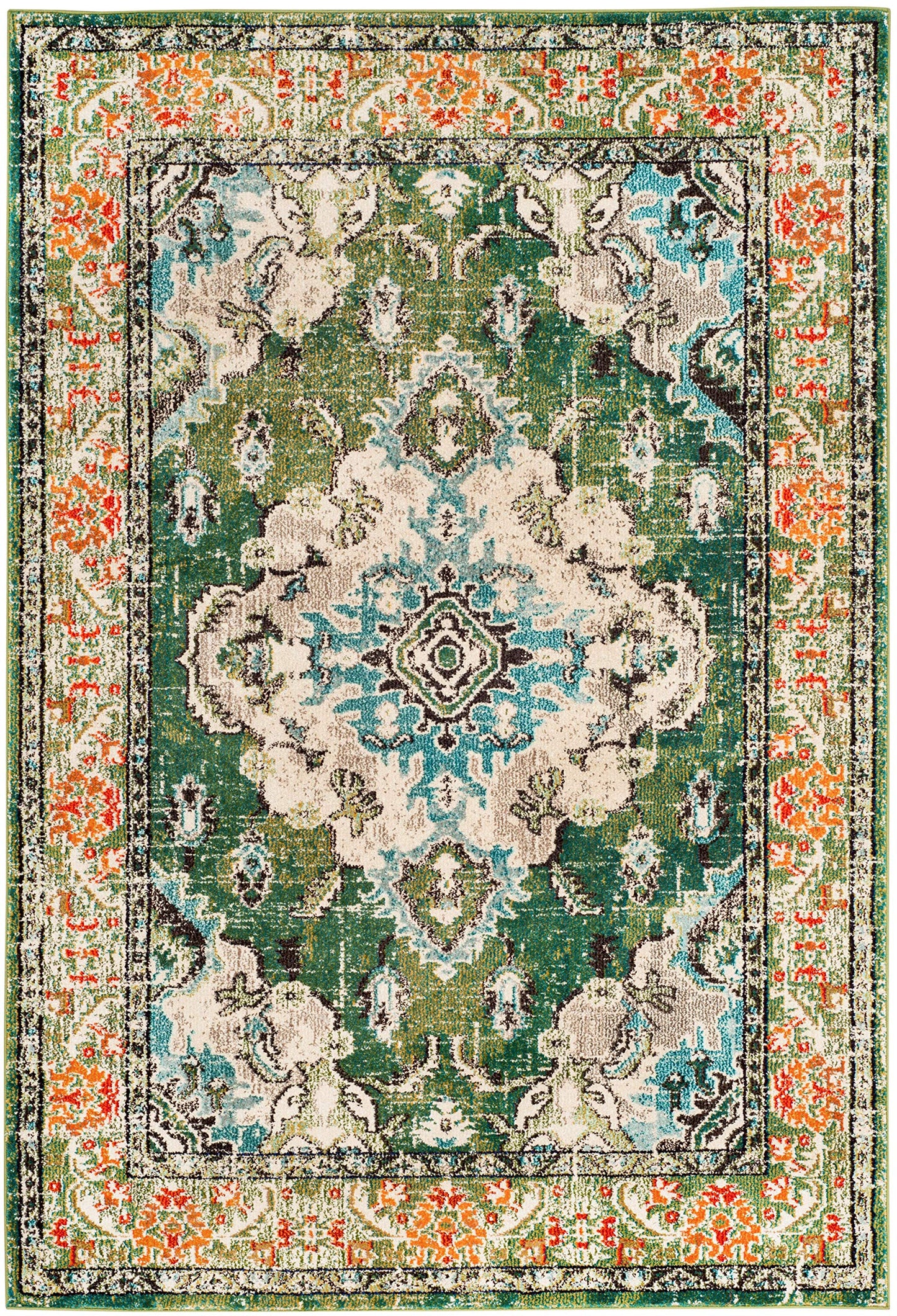 SAFAVIEH Monaco Collection Area Rug - 8' x 10', Forest Green & Light Blue, Non-Shedding & Easy to Clean, Distressed Medallion Design, Ideal for Living Room, Bedroom, Dining Space (MNC243F)