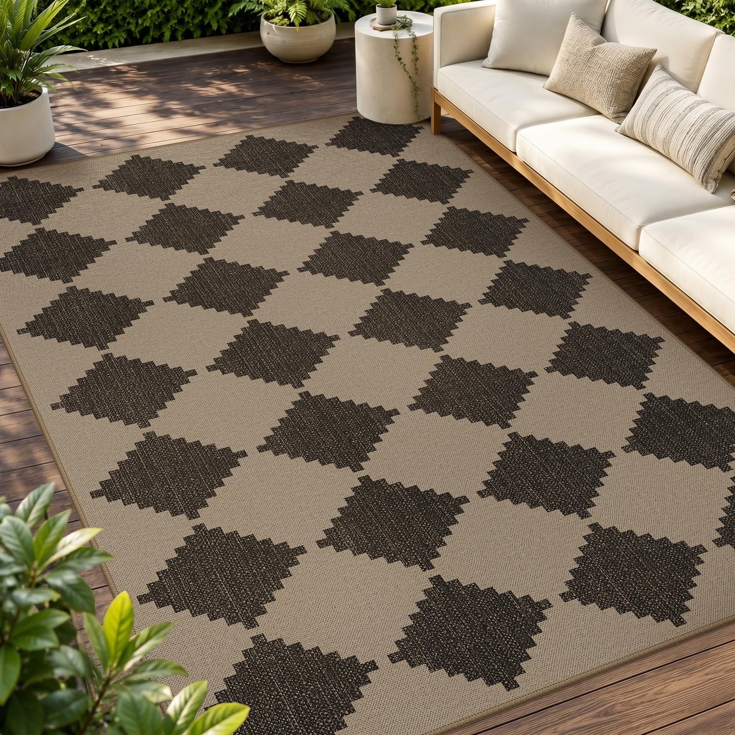 GENIMO Indoor Outdoor Area Rug 5'x8', Checkered Easy Jute Rug Machine Washable, Easy-Cleaning, Non Slip Geometric Woven Outdoor Carpet for Patio, Living Room, Backyard, Porch, Deck, Balcony
