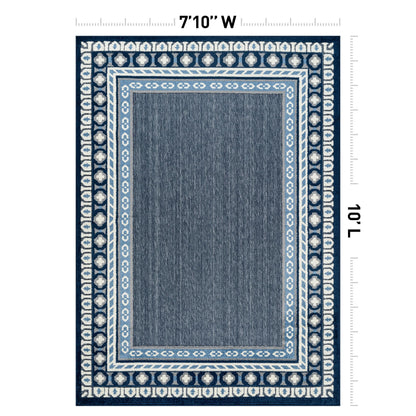 Rugshop Indoor/Outdoor High-Low Textured Area Rug, Coastal Border, Easy-Clean Patio Rug for Porch Deck Balcony 7' 10" x 10' Navy