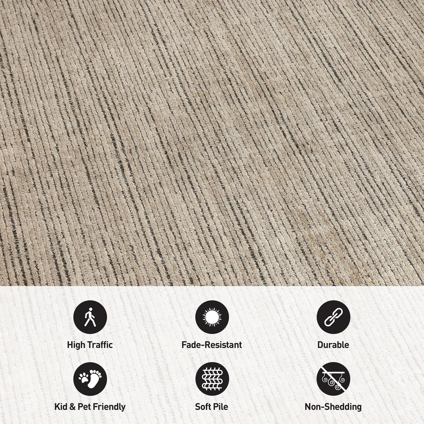 Rugshop Textured High-Low Indoor Area Rug, Neutral Stripe Design, Jute Backing, Living Room Bedroom Kitchen Rug, Easy-Care Spot Clean, 5' x 7' Beige/Gray
