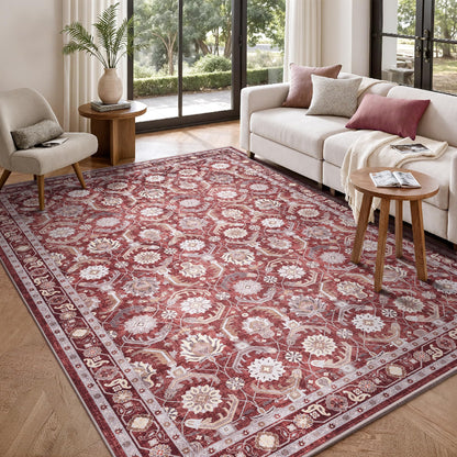 Woodbruy 5x7 Area Rugs, Soft Non Slip Low Pile Washable Rug, Boho Modern Rug for Living Room, Bedroom, Dining Room, Red