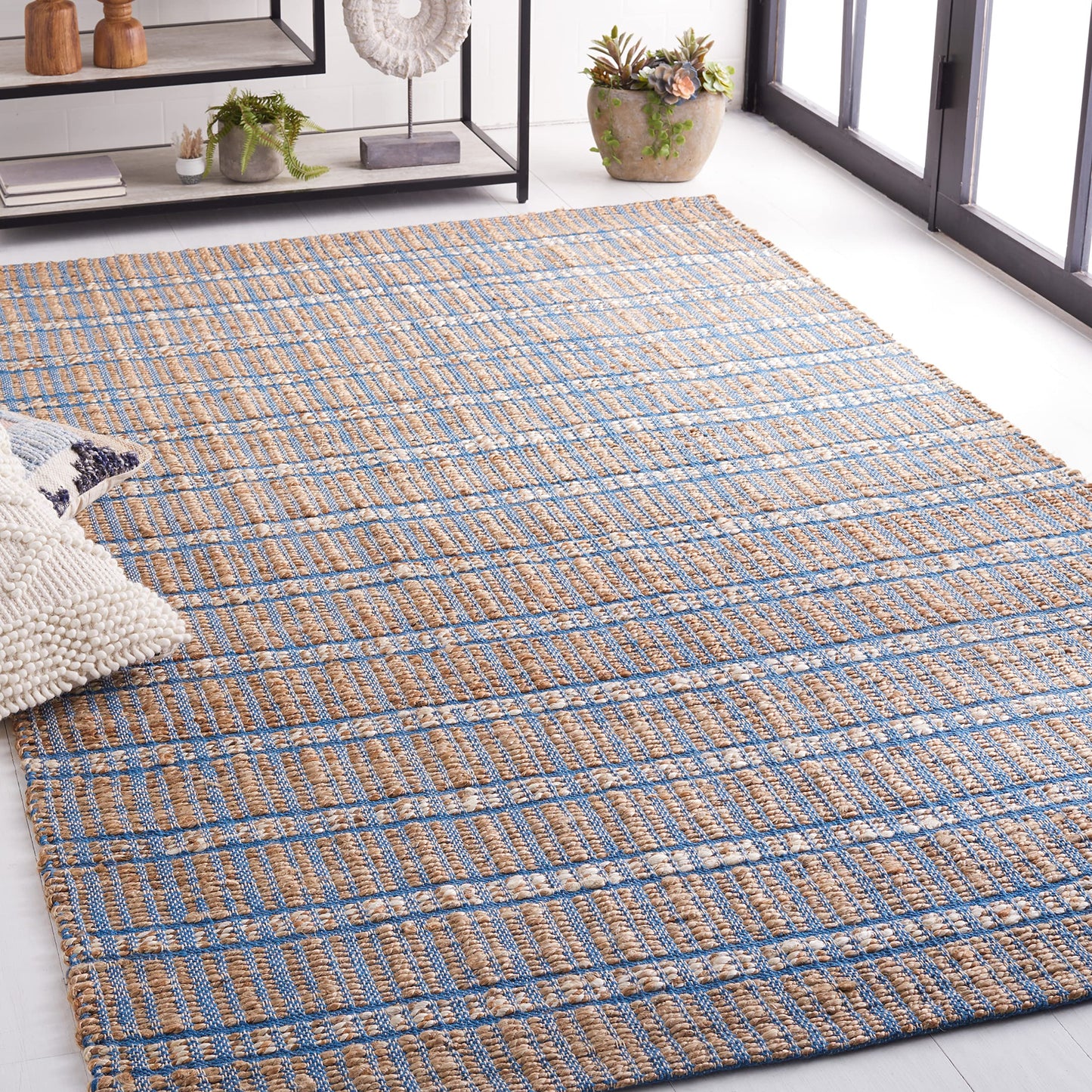 SAFAVIEH Natural Fiber Collection Area Rug - 9' x 12', Blue & Natural, Handmade Boho Stripe Farmhouse Rustic Jute & Cotton Jute, Ideal for High Traffic Areas in Living Room, Bedroom (NFB656M)