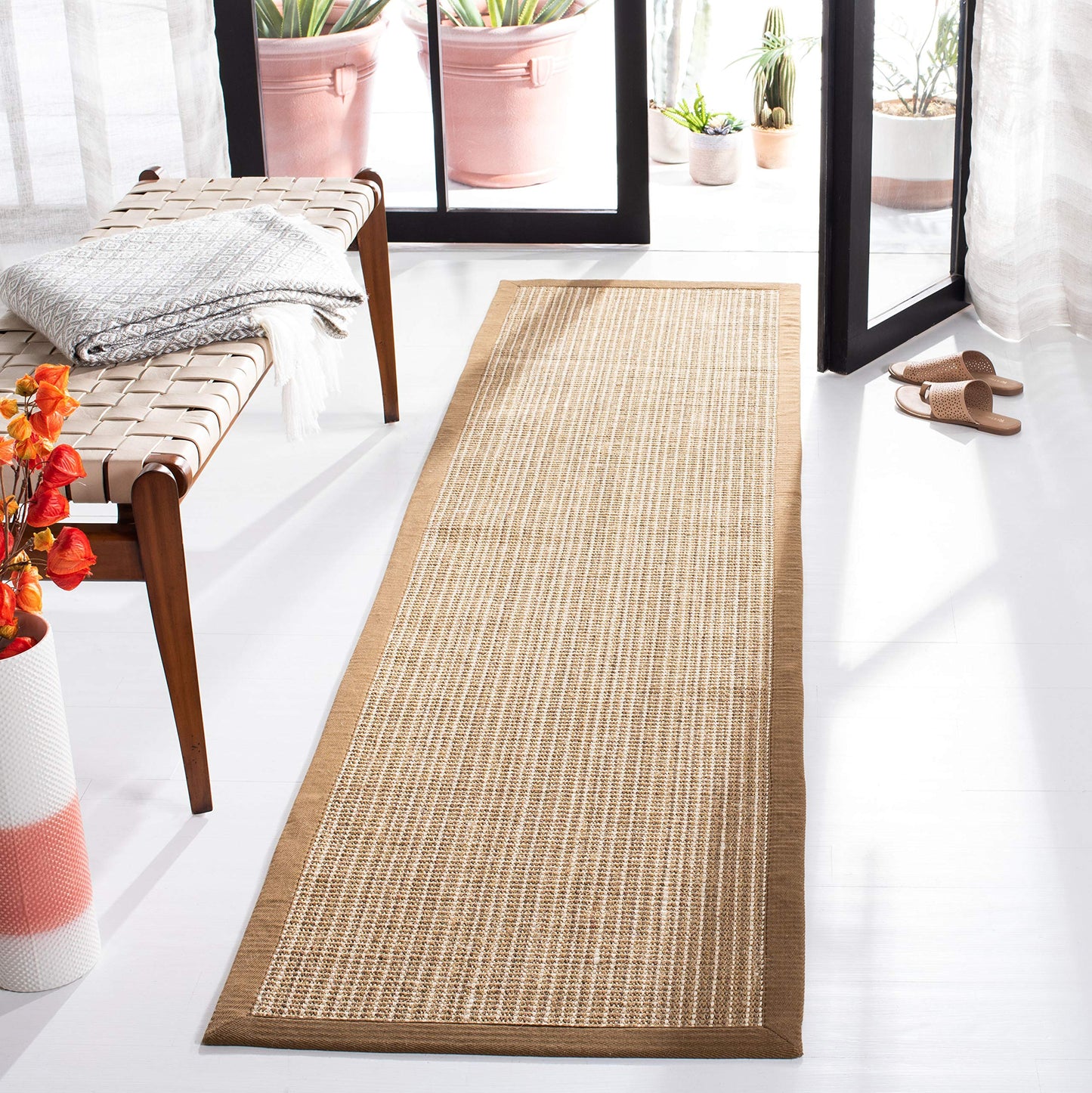 SAFAVIEH Natural Fiber Collection Runner Rug - 2' x 6', Tan & Tan, Border Stripe Sisal Design, Easy Care, Ideal for High Traffic Areas in Living Room, Bedroom (NF442D)