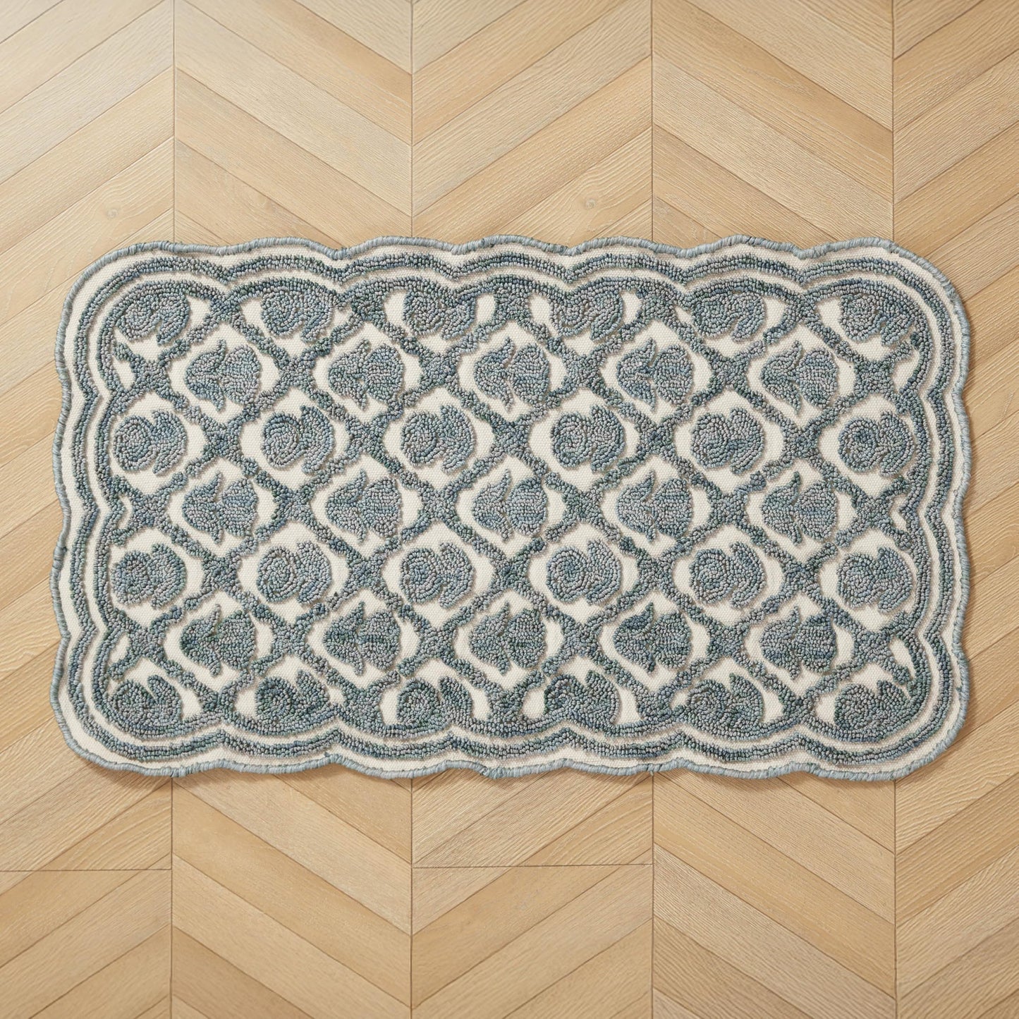 Laura Ashley Washable Scalloped 26" x 45" Teal Tulip Design Skid Resistant Accent Rug - Durable Cotton Blend Indoor Rug