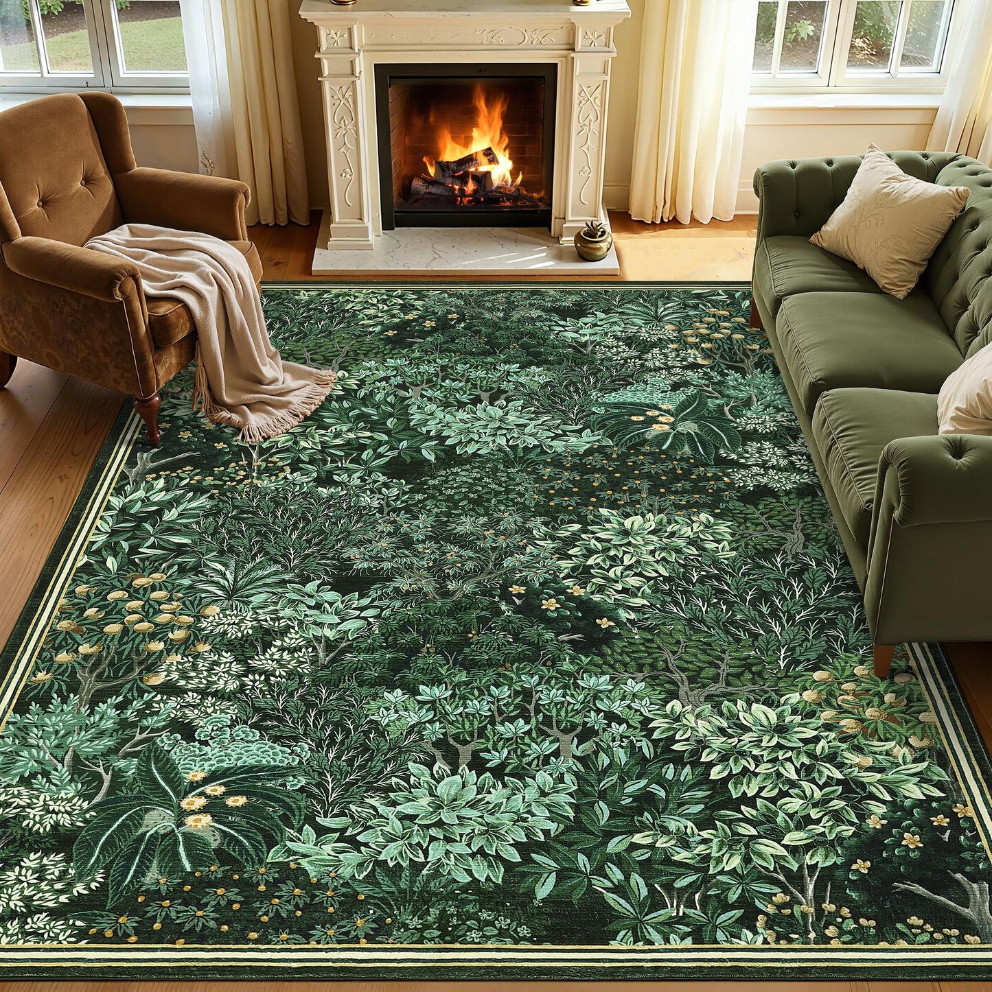 GarveeHome Forest Rugs 5x7, Green Washable Area Rugs for Living Room 5x7, Botanical Low Pile Non Slip Stain Resistance Woodland Rug for Farmhouse, Bedroom, Dining Room