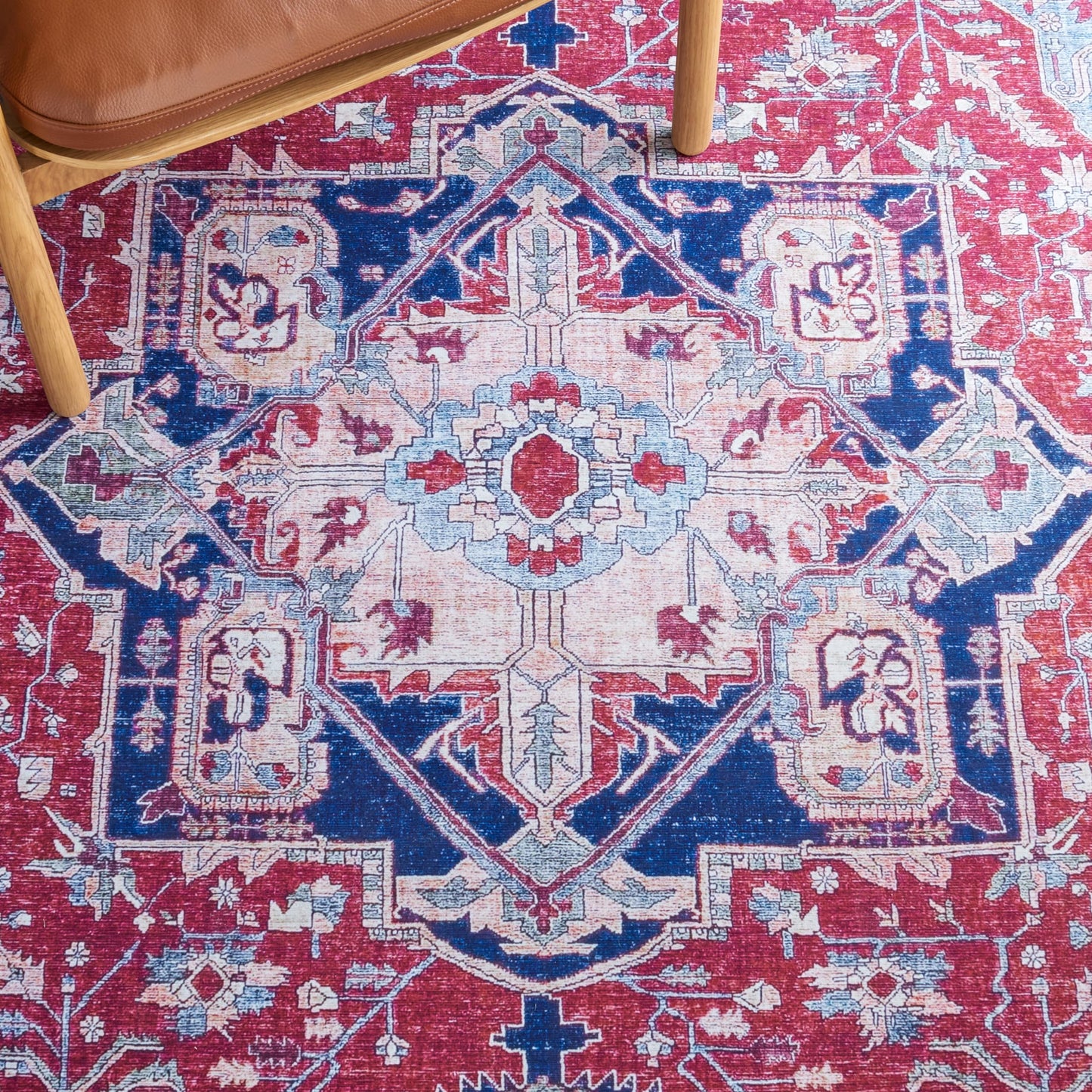 SAFAVIEH Washable Rug Tucson Collection - 4' Square, Red & Navy, Slip Resistant & Easy to Clean, Ideal for Foyer, Kitchen, Nursery, Office, Bedroom (TSN108Q)