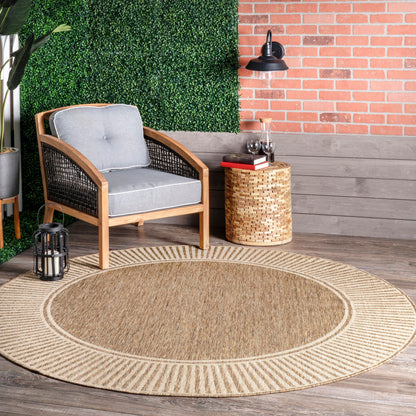 Nuloom Asha Light Brown/Ivory, 6'7" Round, Casual, Striped Border, Soft and Cozy, High Traffic, Easy Clean, Durable Area Rug for Indoor/Outdoor Patio, Deck, Porch, Garden, Courtyard
