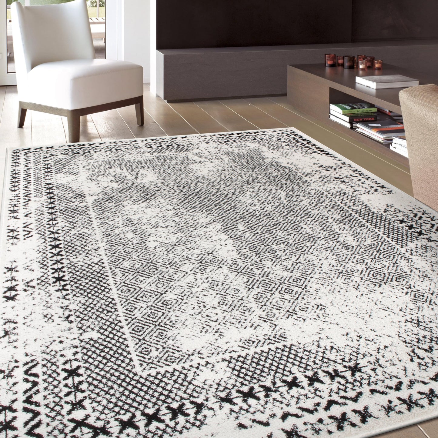 Rugshop Bohemian Distressed Border Stain Resistant High Traffic Living Room Kitchen Bedroom Dining Home Office Area Rug 7'10 x 10' Black