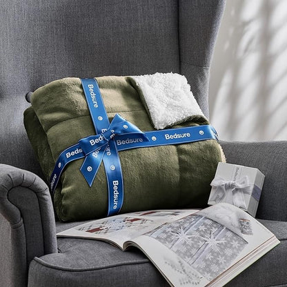 Bedsure GentleSoft Sherpa Fleece Throw Blanket Twin Size for Couch - Thick and Warm Throw for Men, Soft Fuzzy Plush Twin Blanket for Winter, Olive Green, 60x80 Inches