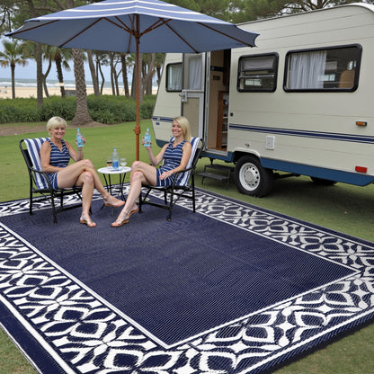 PureCozy Outdoor Plastic Straw Rug Navy Blue Large Outside Waterproof Outdoor Patio 5x8 Carpet Geometric Reversible Mat Modern for Camping RV Porch Deck Balcony Beach