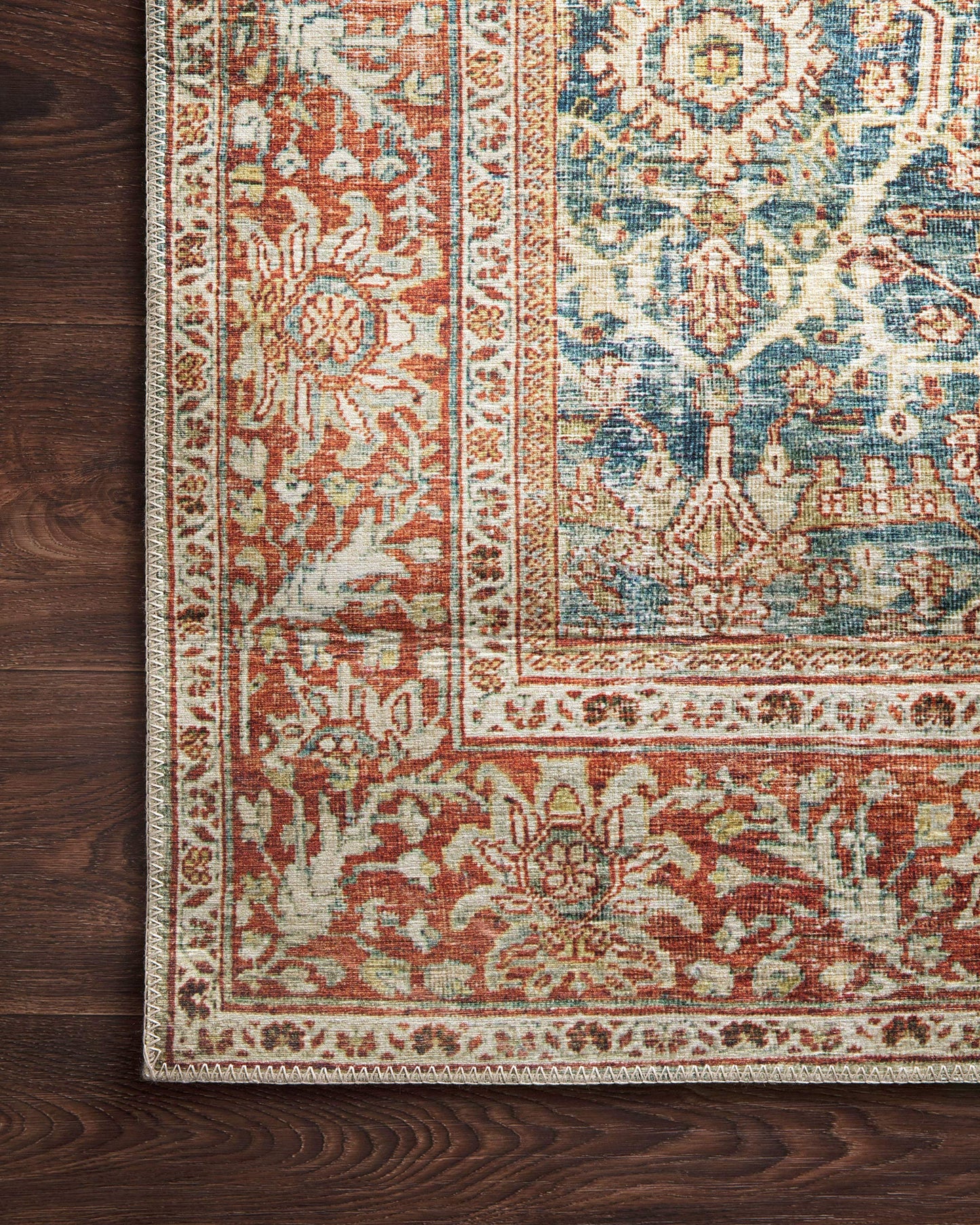 Loloi Layla Collection LAY-04 Ocean/Rust 7'-6" x 9'-6" .13" Thick Area Rug, Soft, Durable, Vintage Inspired, Distressed, Low Pile, Non-Shedding, Easy Clean, Printed, Living Room Rug