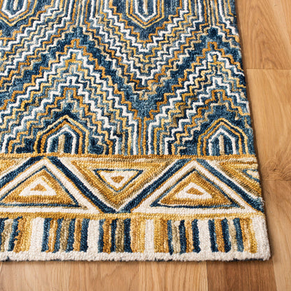 SAFAVIEH Aspen Collection Area Rug - 3' Round, Blue & Gold, Handmade Boho Wool, Ideal for High Traffic Areas in Living Room, Bedroom (APN822M)