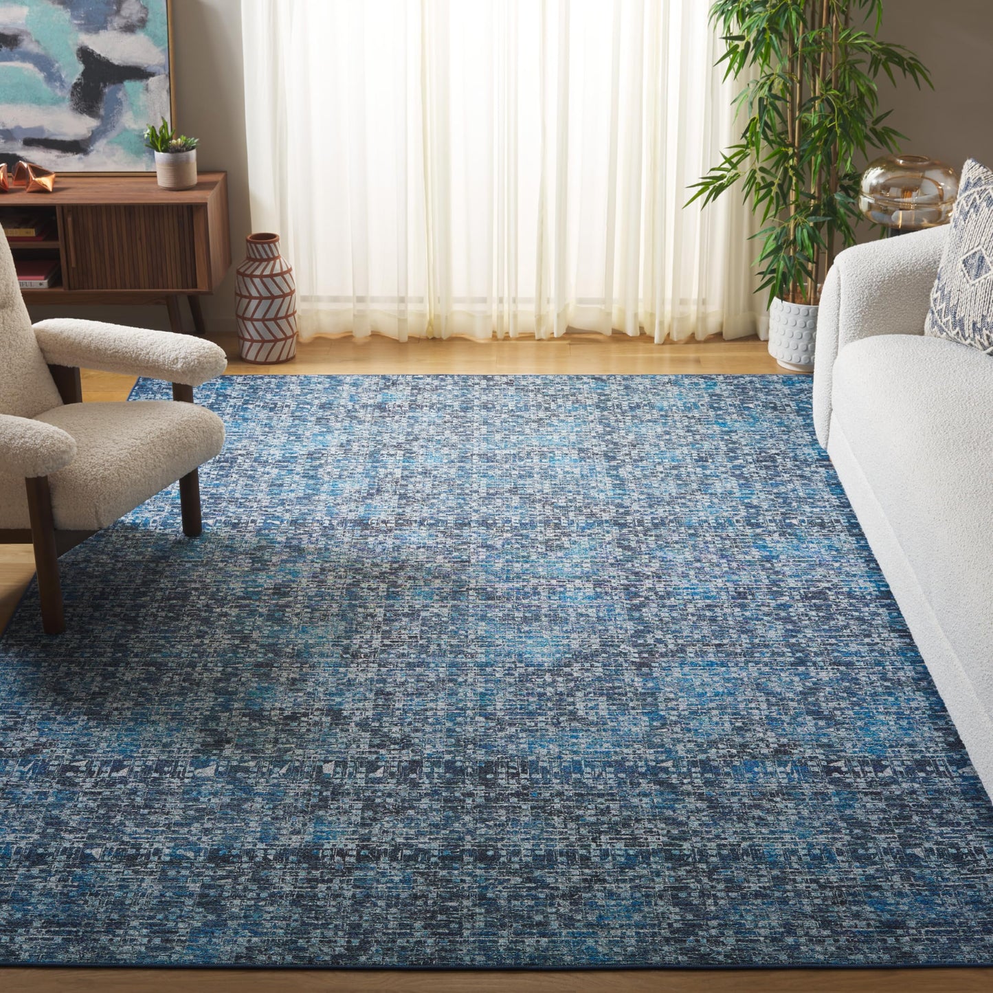 SAFAVIEH Washable Rug Tucson Collection - 9' x 12', Blue & Grey, Slip Resistant & Easy to Clean, Ideal for Living Room, Bedroom, Dining Space (TSN901M)