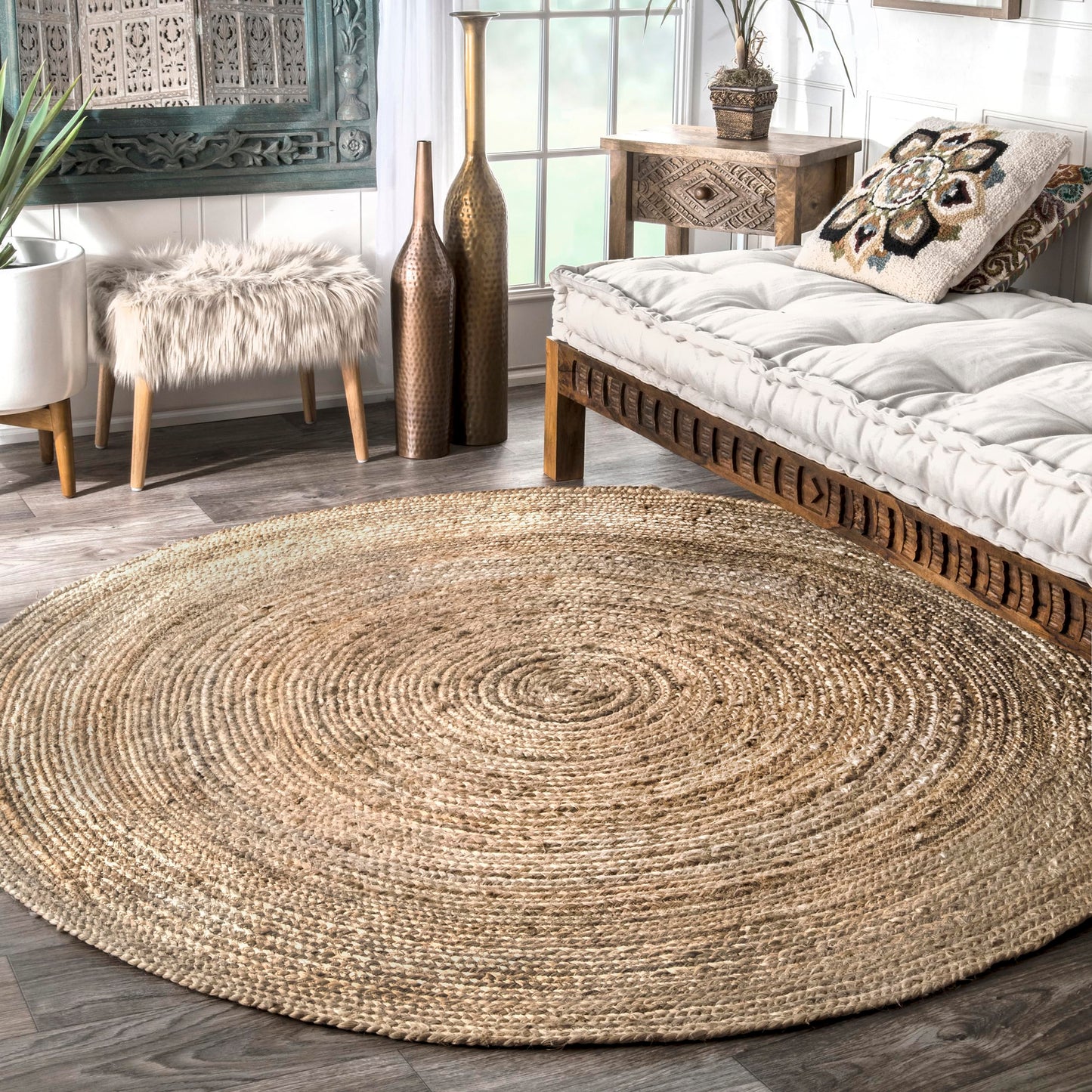nuLOOM 3 Round Rigo Jute Hand Woven Area Rug, Natural, Solid Farmhouse Design, Natural Fiber, For Bedroom, Living Room, Dining Room, Hallway, Office, Kitchen, Entryway