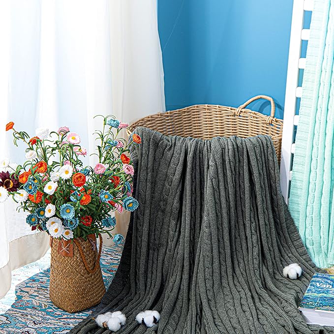 NTBAY 100% Pure Cotton Oversize (60x80) Cable Knit Throw Blanket, Super Soft Warm Knitted Bed Blanket for Bed, Sofa, Chair, Couch - Extra Cozy, Machine Washable, Comfortable Home Decor, Grey and White