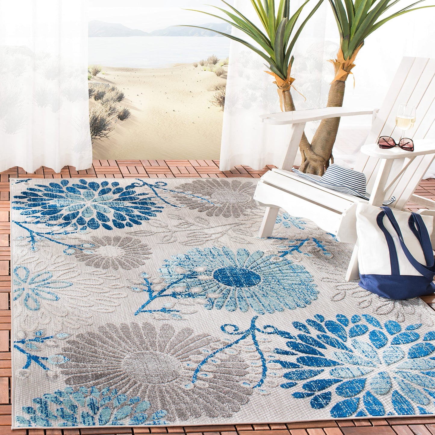 SAFAVIEH Washable Rug Outdoor Cabana Collection - 5'3" x 7'6", Grey & Blue, Non-Shedding & Easy to Clean, Ideal for Patio, Backyard, Mudroom (CBN832F)
