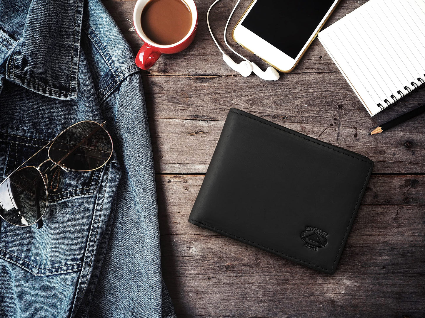 Stealth Mode Black Leather Bifold Wallet for Men With ID Window and RFID Blocking, One Size
