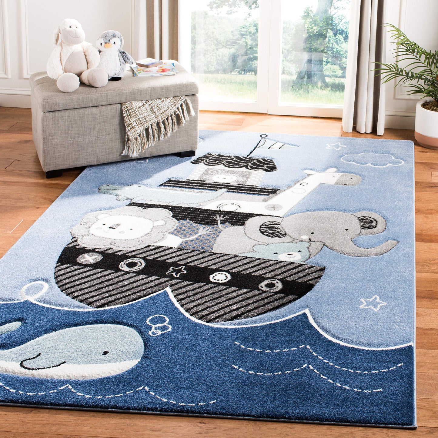 SAFAVIEH Carousel Kids Collection Accent Rug - 3'3" x 5'3", Blue & Grey, Animal Design, Non-Shedding & Easy Care, Ideal for High Traffic Areas for Boys & Girls in Playroom, Nursery, Bedroom (CRK121B)