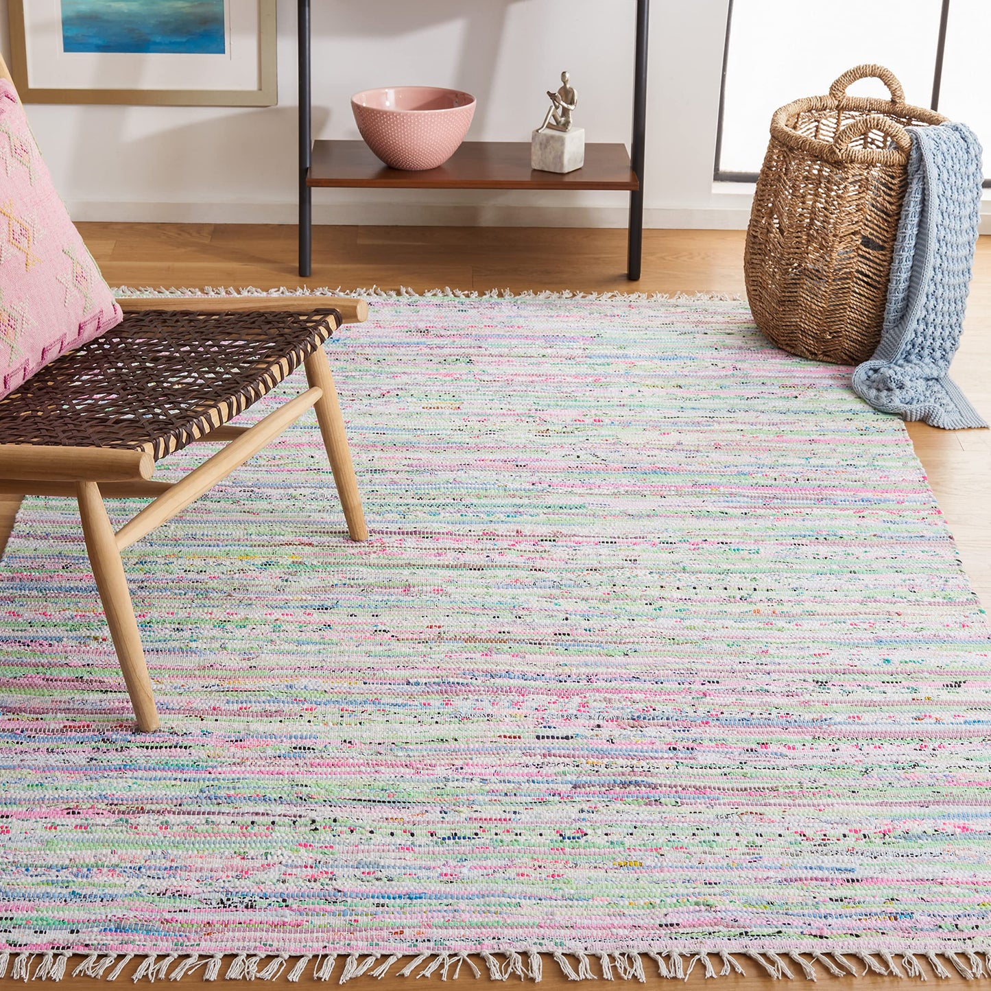 SAFAVIEH Rag Rug Collection Area Rug - 5' x 7', Light Green & Multi, Handmade Boho Stripe Cotton, Ideal for High Traffic Areas in Living Room, Bedroom (RAR125D)