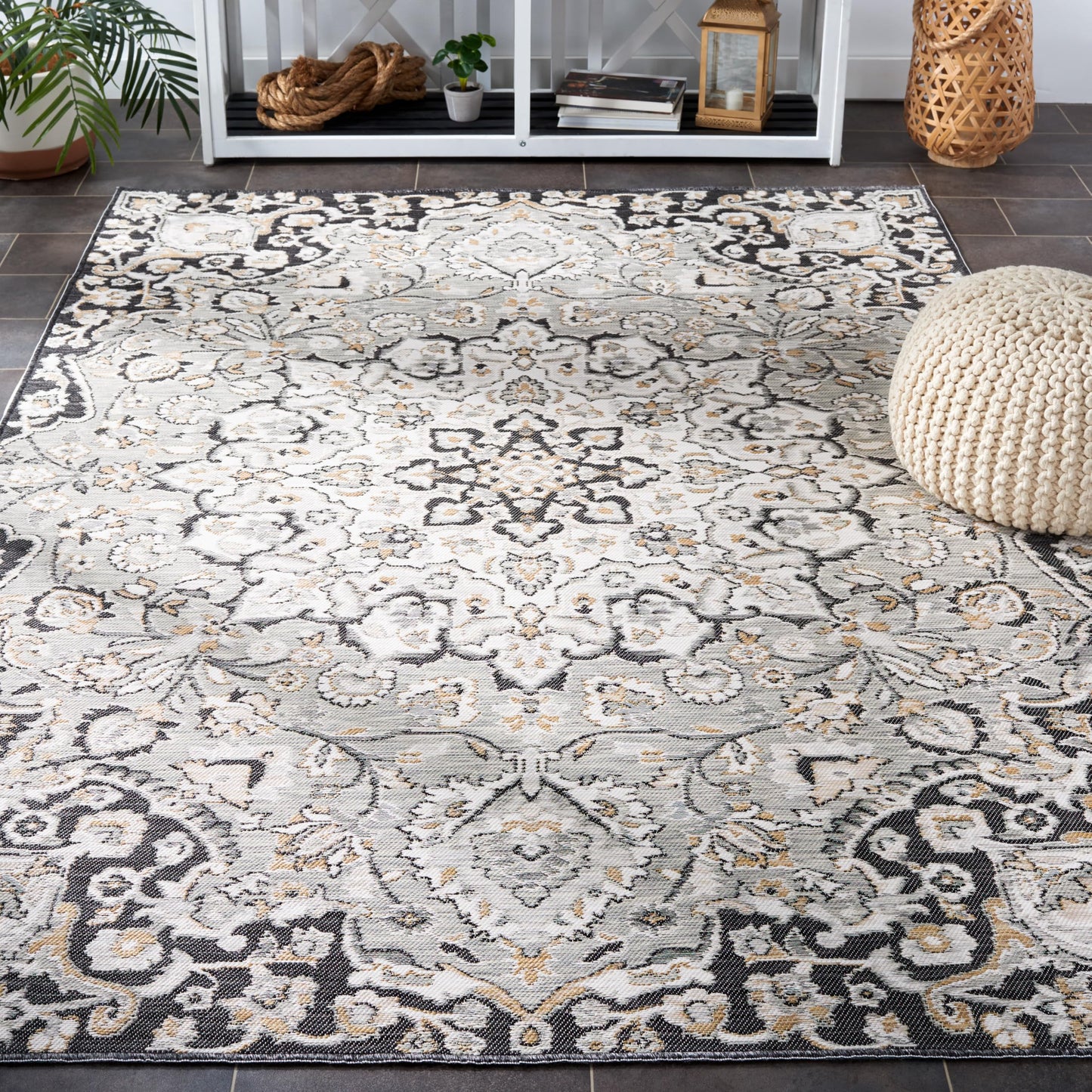 SAFAVIEH Washable Rug Outdoor Sunrise Collection - 5'3" x 7'7", Grey & Beige Black, Non-Shedding & Easy to Clean, Ideal for Patio, Backyard, Mudroom (SUN696F)