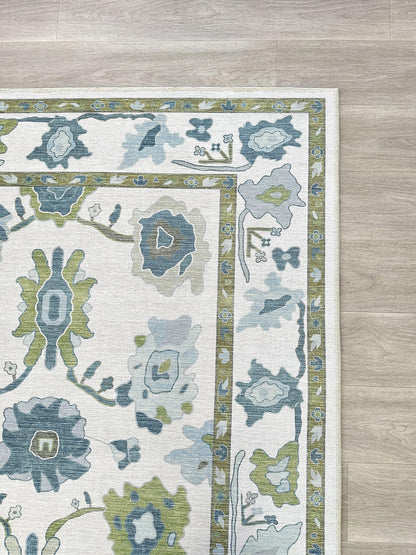 Fame Living Green Oushak Rug, Modern, Vintage, Turkish, Eclectic, Floral, Pastel, Washable, Area Rugs for Living Room, Dining, Bedroom, Office, Entryway, Foyer, Playroom, Nursery, 5'x6'9"