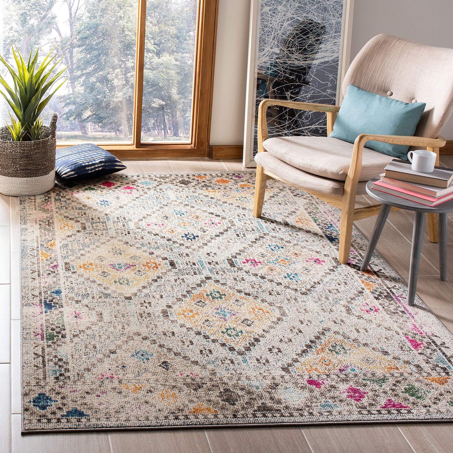SAFAVIEH Madison Collection Area Rug - 6' x 9', Grey & Yellow, Boho Diamond Distressed Design, Non-Shedding & Easy Care, Ideal for High Traffic Areas in Living Room, Bedroom (MAD418F)