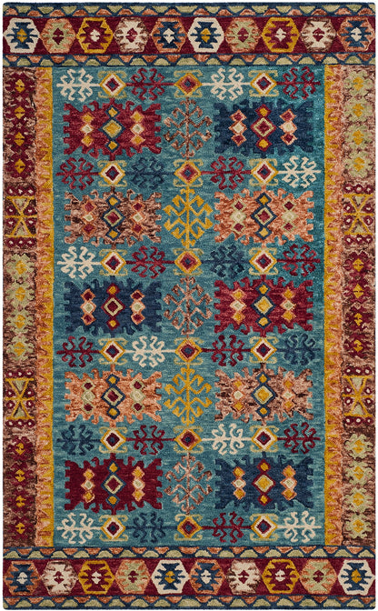 SAFAVIEH Aspen Collection Area Rug - 5' x 8', Blue & Red, Handmade Boho Tribal Wool, Ideal for High Traffic Areas in Living Room, Bedroom (APN503A)