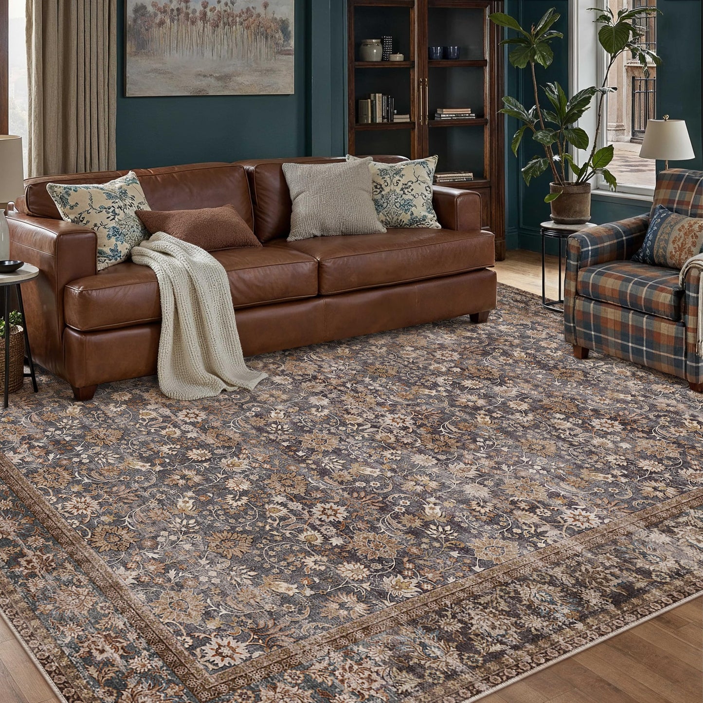 HUGEAR 8x10 Machine Washable Rugs Tradition Brown Hallway Large Area Rug Indoor Accent Rug Floral Low Pile Carpet Soft Throw Aesthetic Rug Bedroom Living Room Office Dining Room Kitchen Laundry Room