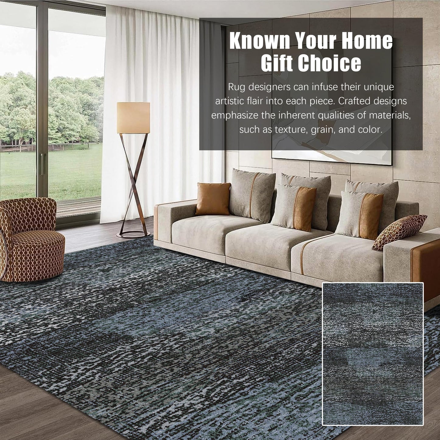 RUGSURE Washable Area Rug - 1/6 Thick - Stain & Water Resistant Non-Slip - Resistant Rug for Living Room, Bedroom, Nursery, Pet & Child Friendly, Vintage Charm Area Rugs (Darkgrey+Bule, 5' x 7')