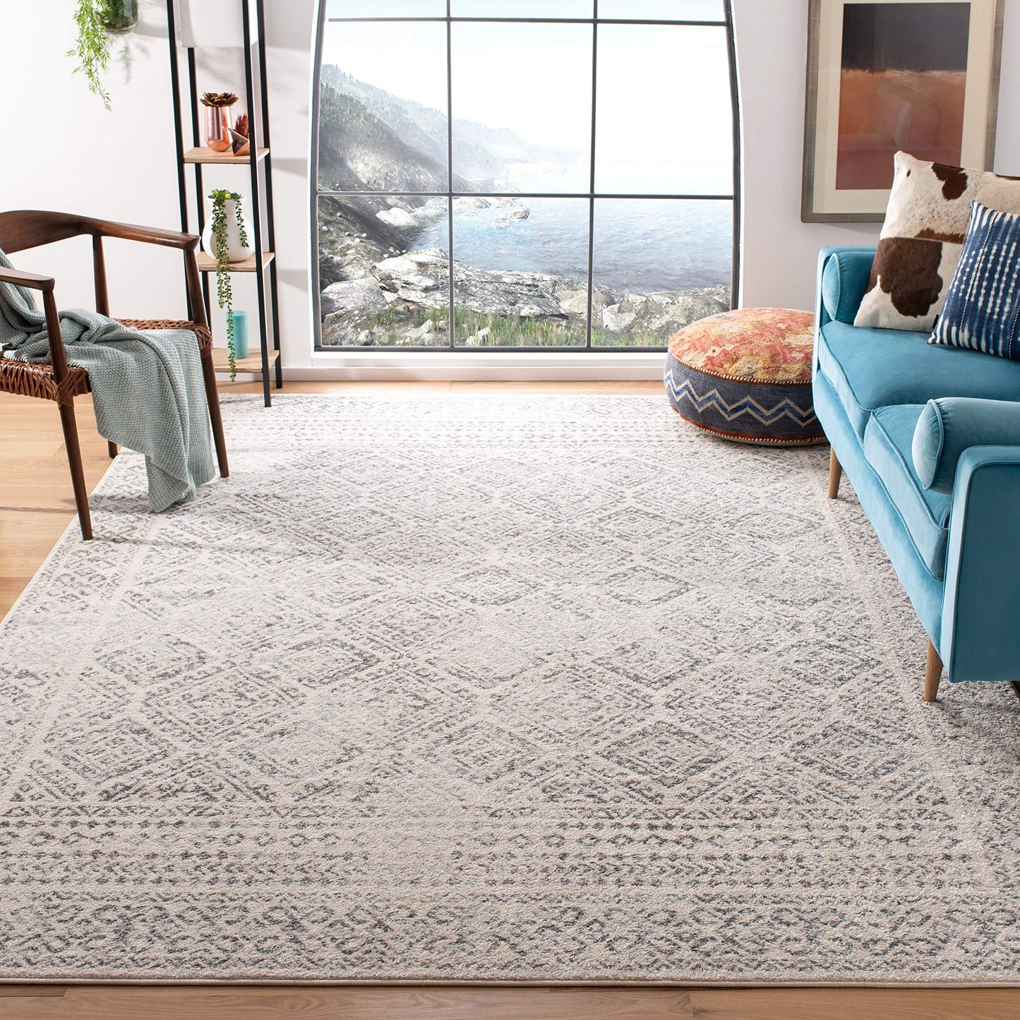 SAFAVIEH Tulum Collection Area Rug - 8' Square, Ivory & Grey, Moroccan Boho Distressed Design, Non-Shedding & Easy to Clean, Ideal for Living Room, Bedroom, Dining Space (TUL264A)