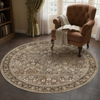 HUGEAR Round Rug 5ft Entryway Rugs Machine Washable Brown Hallway Area Rug 5x5 Small Circle Accent Rug Floral Low Pile Carpet Soft Throw Rug Living Room Office Laundry Room Entrance Non Slip