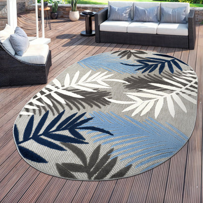 Rugshop Blue Palm Frond Indoor/Outdoor Oval Area Rug Easy Cleaning for Patio, Deck and Living Room, 5' x 7' Oval