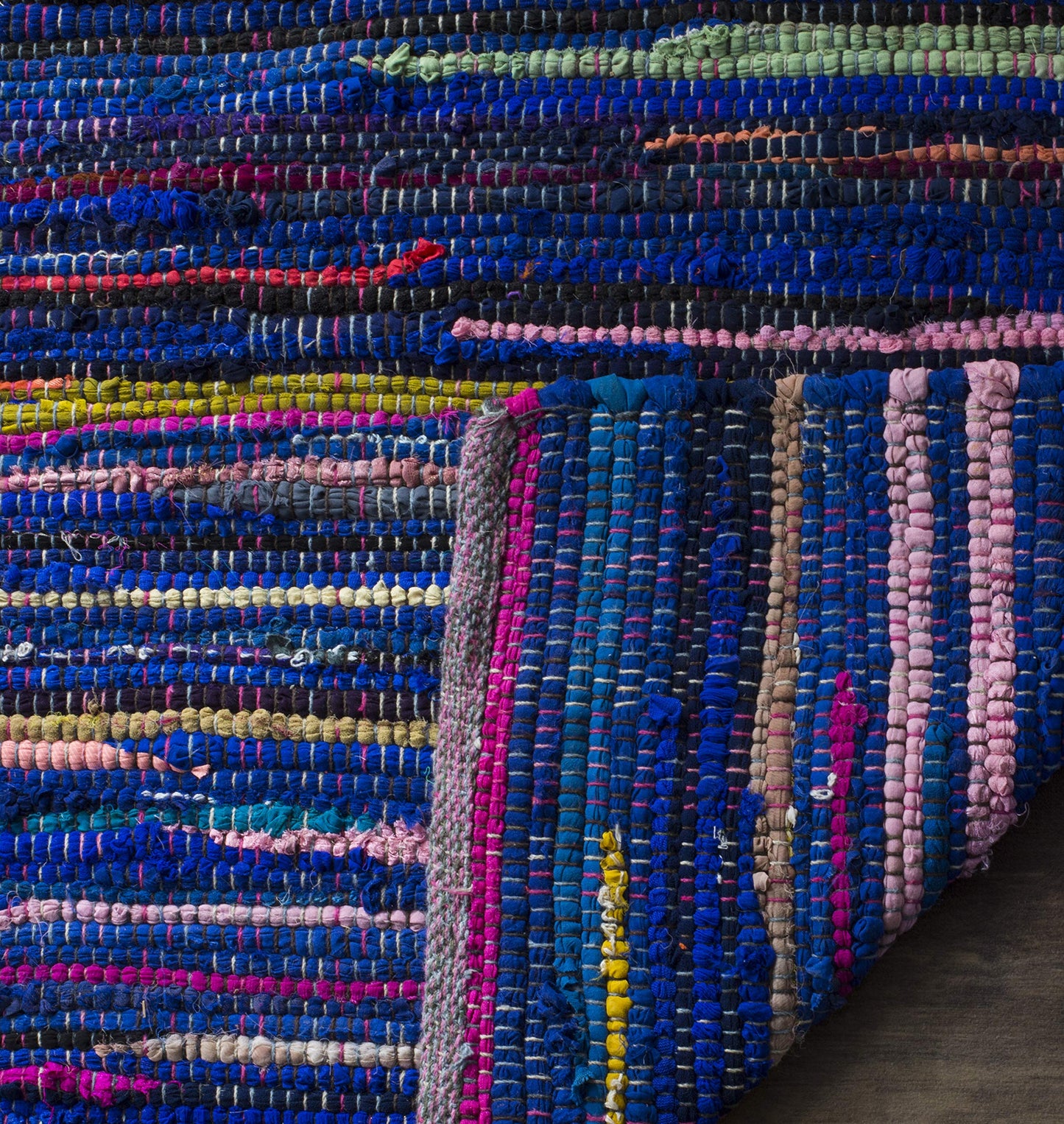SAFAVIEH Rag Rug Collection Area Rug - 9' x 12', Blue & Multi, Handmade Boho Stripe Cotton, Ideal for High Traffic Areas in Living Room, Bedroom (RAR240B)