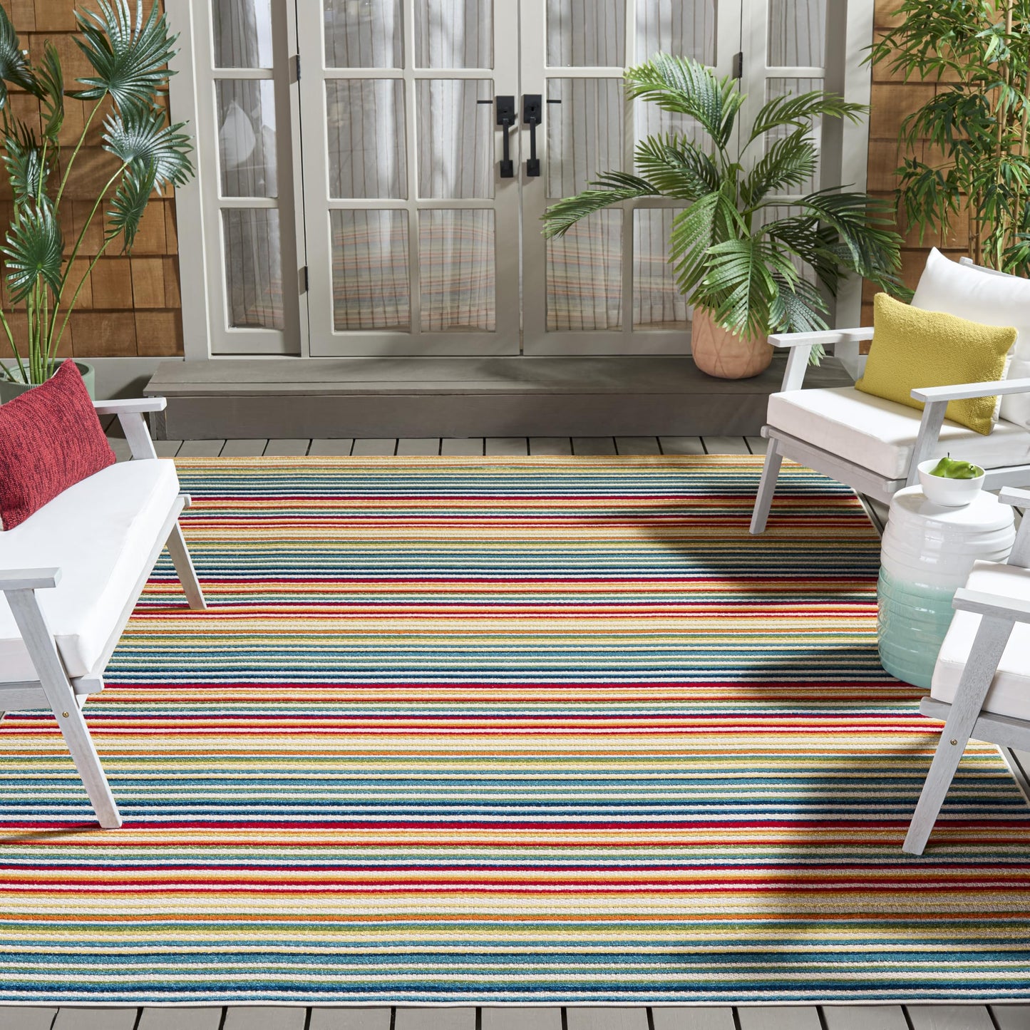 SAFAVIEH Washable Rug Outdoor Cabana Collection - 8' x 10', Ivory & Green, Non-Shedding & Easy to Clean, Ideal for Patio, Backyard, Mudroom (CBN323A)