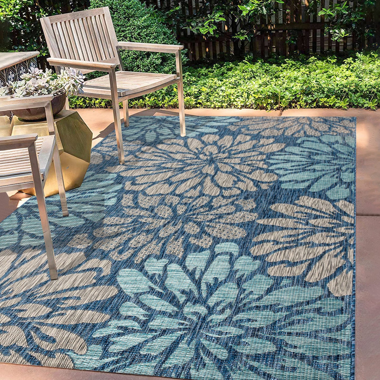 JONATHAN Y Floral Textured Weave Indoor Outdoor Area Rug 5X8 Navy/Aqua, Zinnia Modern for Backyard, Patio, Porch, Easy-Cleaning, High Traffic, Pet-Friendly, Non-Shedding (SMB110C-5)