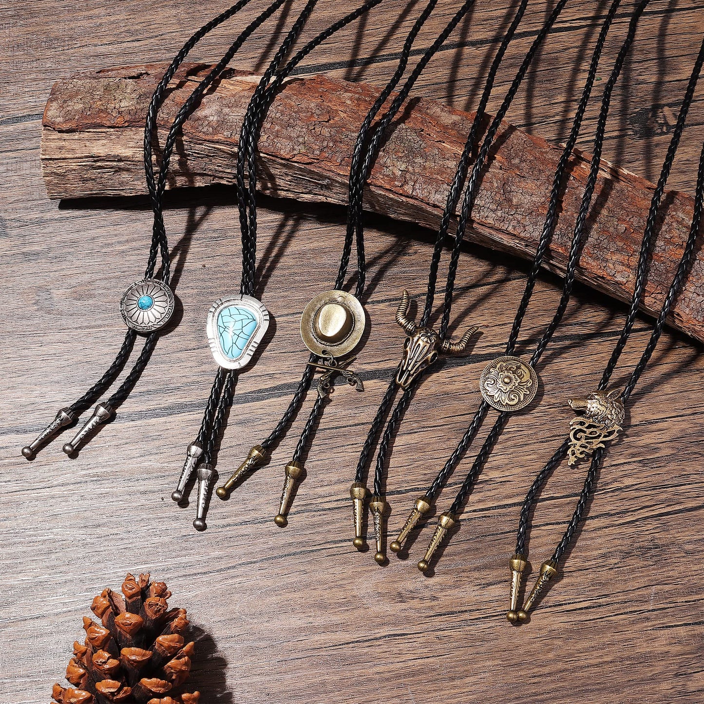Subiceto 6Pcs Bolo Tie for Men Women Western Cowboy Natural Turquoise Tiger Eye Stone Handmade Shape Round Leather Necktie Vintage Native American Bola Tie Set Wolf