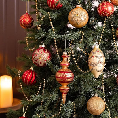 Valery Madelyn Glass Christmas Ornaments Set, 10ct Medium Red Gold Mercury Blown Glass Christmas Tree Ball Decorations, Luxury Hanging Teardrop Finial Faceted Reflector Decor