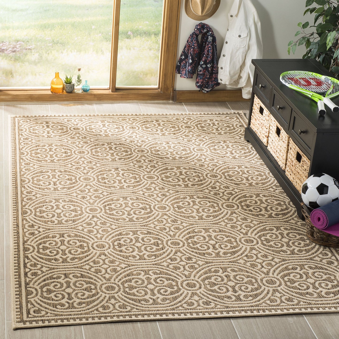 SAFAVIEH Washable Rug Outdoor Linden Collection - 5'3" x 7'6", Cream & Beige, Non-Shedding & Easy to Clean, Ideal for Patio, Backyard, Mudroom (LND134C)