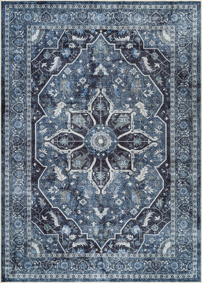 Bloom Rugs Caria Washable Non-Slip 4x6 Rug - Blue/Charcoal Traditional Area Rug for Living Room, Bedroom, Dining Room, and Kitchen - Exact Size: 4' x 6'