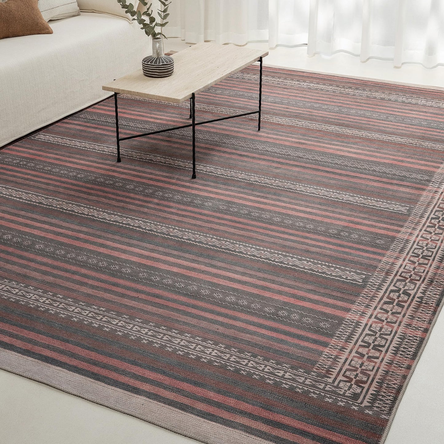 KNOTTING MATTERS Vibe Stripe 10’ x 10’ Square Area Rug – Sand, Charcoal & Clay Heritage Flatweave, Low-Pile – Easy Clean Area Rug – Perfect for Living Room, Dining Room, Bedroom – Pet & Kid Friendly
