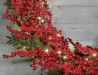 Red Co. 36” Light-Up Christmas Wreath with Red Cranberries, Battery-Operated LED Lights with Timer