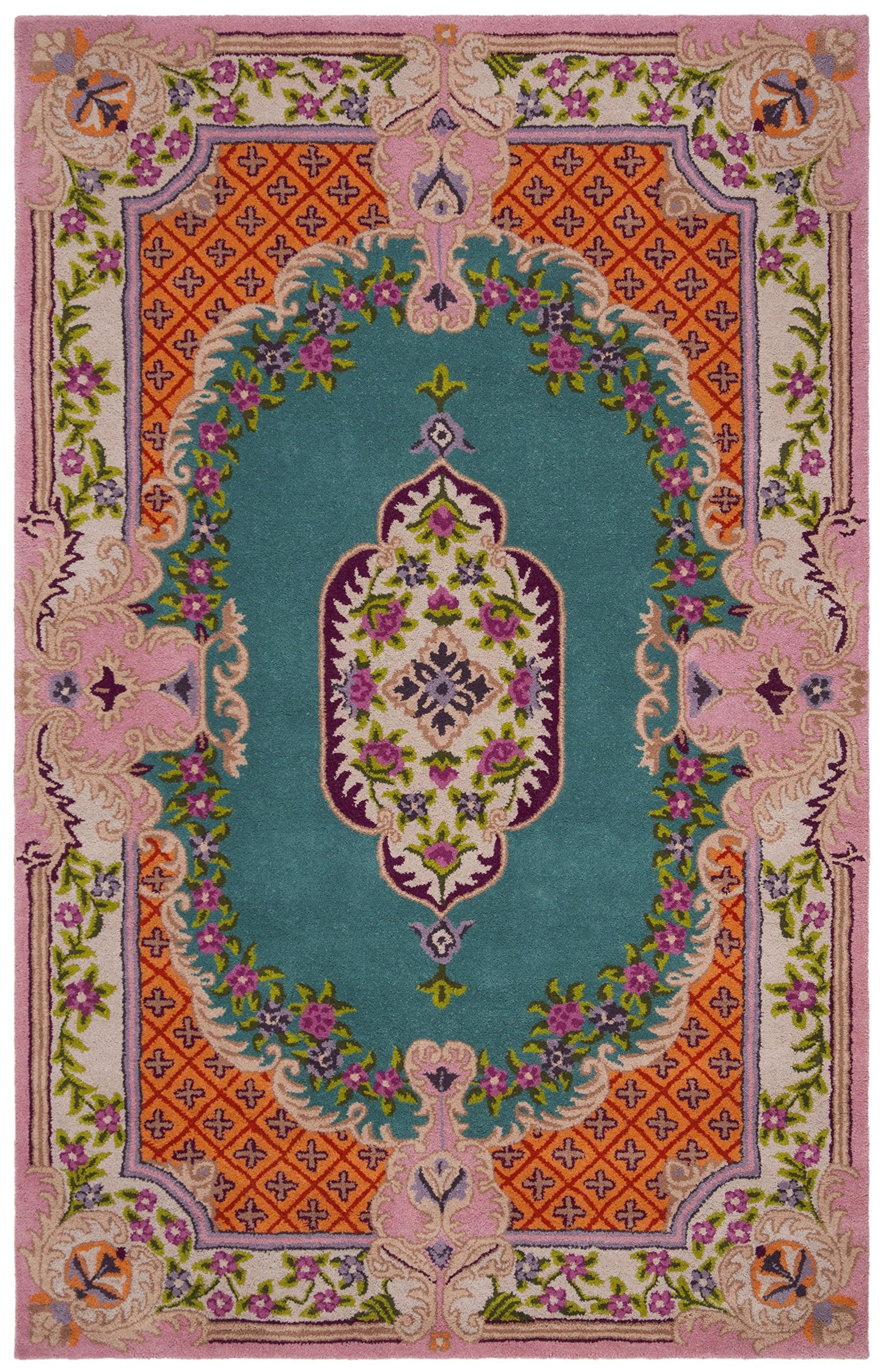 SAFAVIEH Bellagio Collection Area Rug - 5' x 8', Blue & Pink, Handmade Medallion Wool, Ideal for High Traffic Areas in Living Room, Bedroom (BLG535M)
