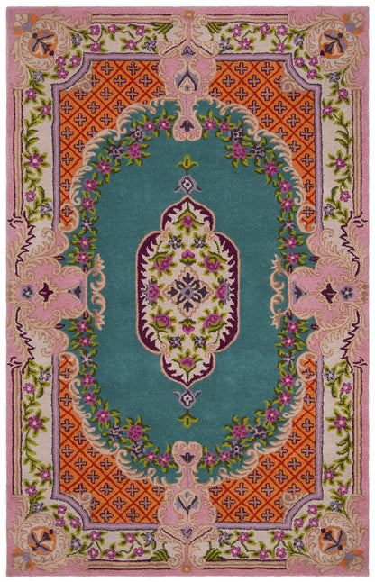 SAFAVIEH Bellagio Collection Area Rug - 5' x 8', Blue & Pink, Handmade Medallion Wool, Ideal for High Traffic Areas in Living Room, Bedroom (BLG535M)